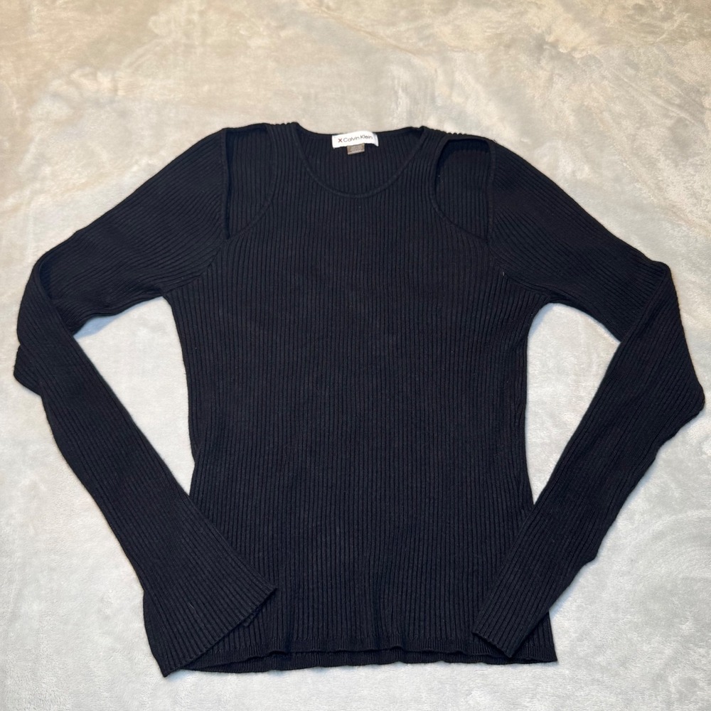 Calvin Klein Women's Black Ribbed Cold Shoulder Long Sleeve Sweater Size Medium